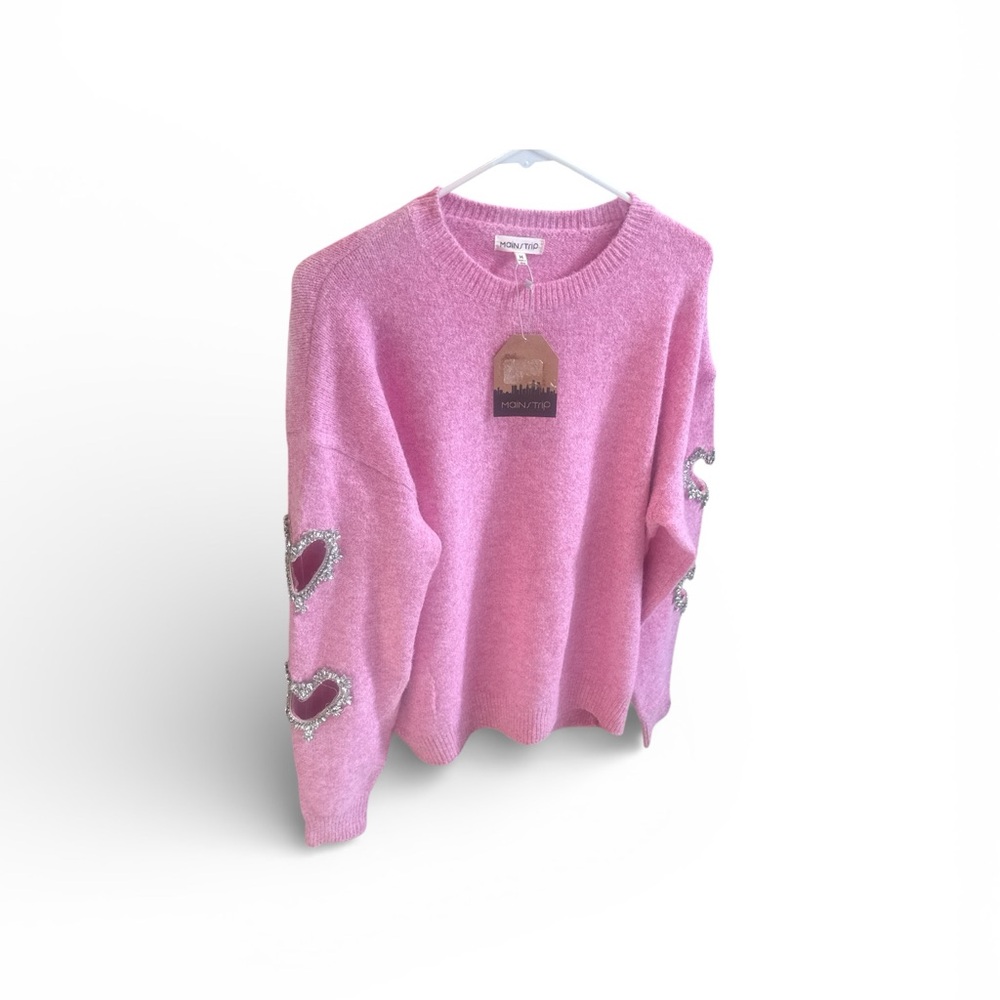 Main Strip M pink heart sleeve sweater‎ NWT soft fuzzy glam boutique Valentines